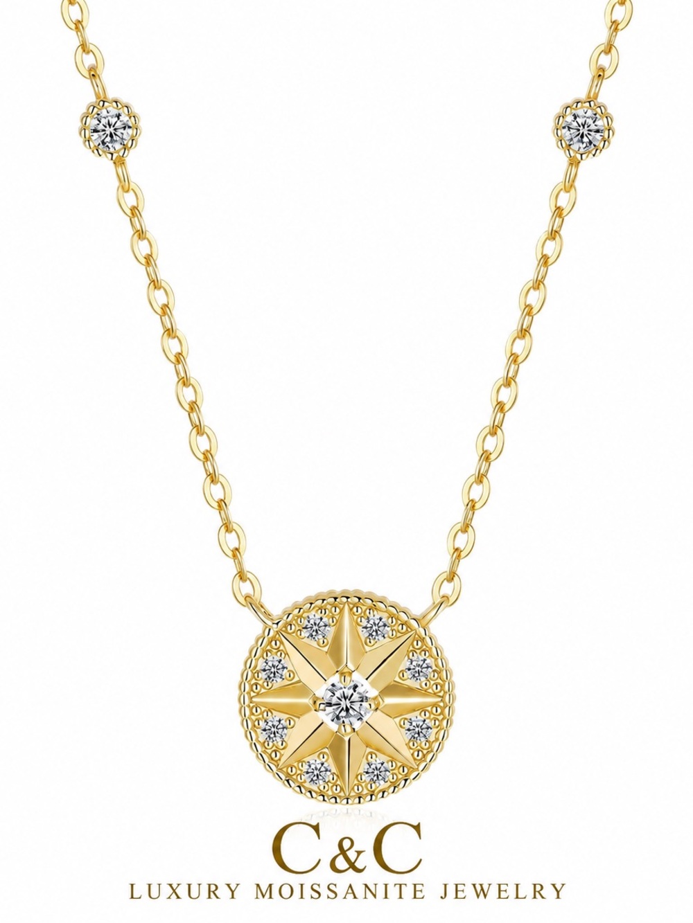 C.C Gold Starburst Pendant Necklace with Clear Stones
